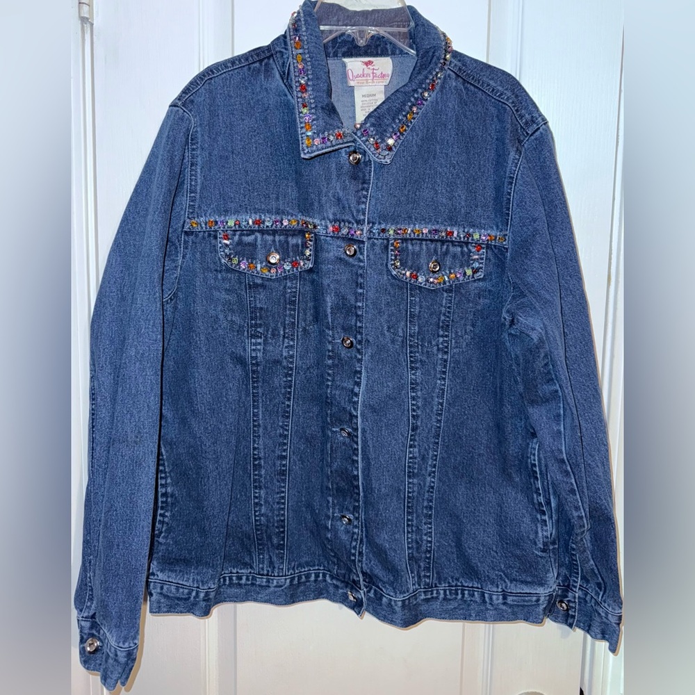 Quacker Factory Vintage Embellished Denim Jacket Jewel Trim Size M